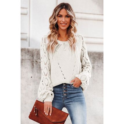 White Hollow-out Puffy Sleeve Knit Sweater