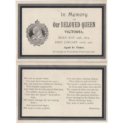 Queen Victoria 1901 Frogmore Browning Poem 2x Antique Funeral Card s