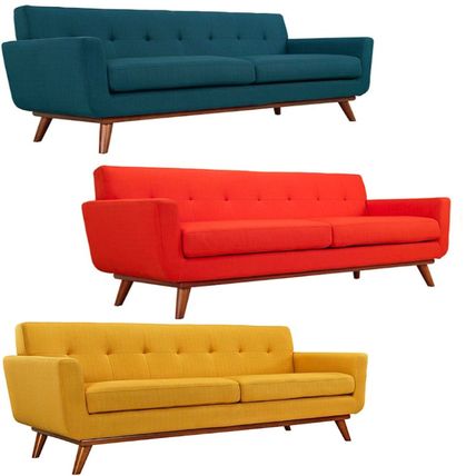Mid Century Classic Fabric Sofa 90” Wide In Bright Red, Azure Blue Citrus Yellow