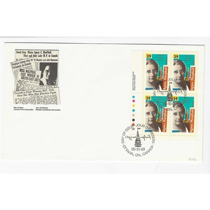 CANADA 1990 BIRTH CENT AGNES MACPHAIL POLITICIAN CONTROL BLOCK 4 FIRST DAY COVER