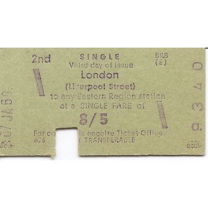 B.R.B. Edmondson Multiprinter Ticket - London Liverpool Street - 8/5 Single Fare