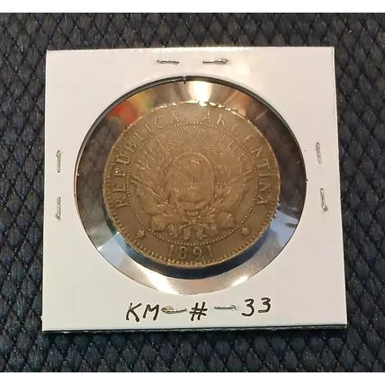 1891 Argentina 2 Centavos Bronze Coin (D)