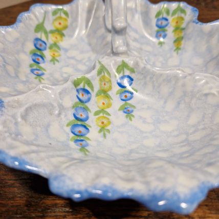 Vintage Blue Victoria Hand Painted Three Section Dish with Handle