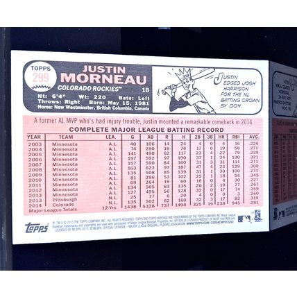 JUSTIN MORNEAU 2015 TOPPS HERITAGE BASEBALL CARD #299