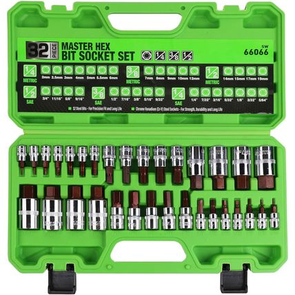 SWANLAKE 32 Piece Hex Bit Socket Set,Sae and Metric, 1/4'', 3/8', 1/2'' Drive So