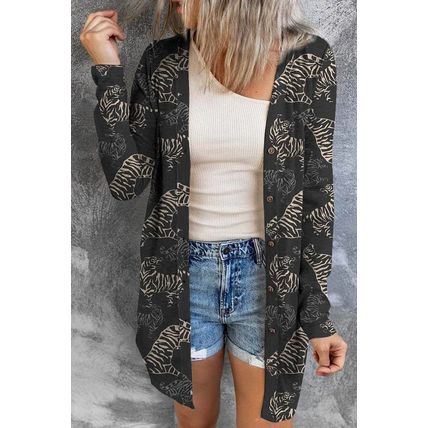 Black Wild Tiger Print Button Front Cardigan