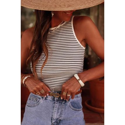 White Striped Print Ribbed Knit Sleeveless Top