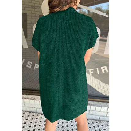 Blackish Green Patch Pocket Ribbed Knit Short Sleeve Sweater Dress