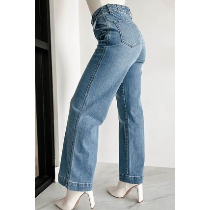 Dusk Blue Multi Buttons Medium Wash Straight Loose Leg Jeans