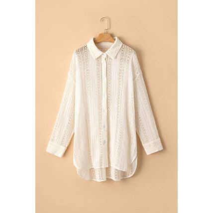 Beige Lace Crochet Collared Tunic Oversized Shirt