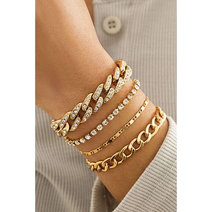 Gold 4pcs Rhinestone Decor Adjustable Chain Bracelet Set