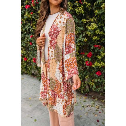 White Boho Patchwork Floral Open Front Kimono