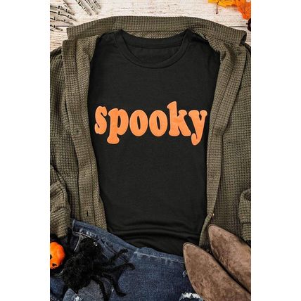 Black Halloween Spooky Crew Neck Casual Graphic Tee