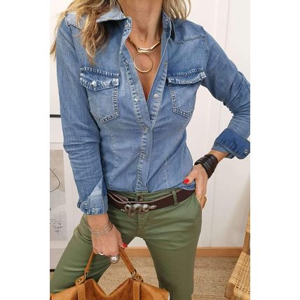 Dusk Blue Flap Pockets Slim Buttoned Denim Shirt
