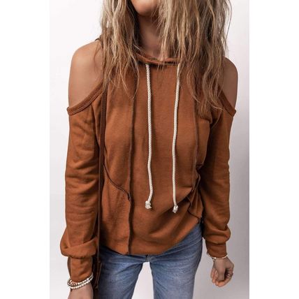 Cinnamon Exposed Seam Cold Shoulder Drawstring Hoodie