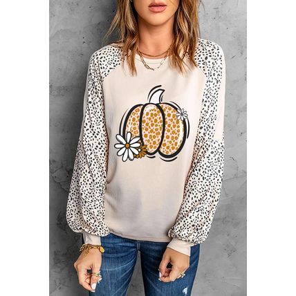 Khaki Leopard Raglan Long Sleeve Floral Pumpkin Graphic Top