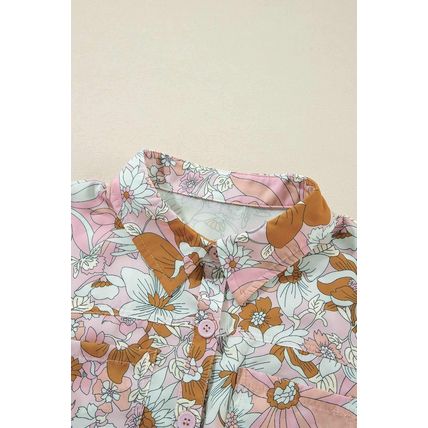 Pink Floral Short Sleeve Collared Button Front Romper