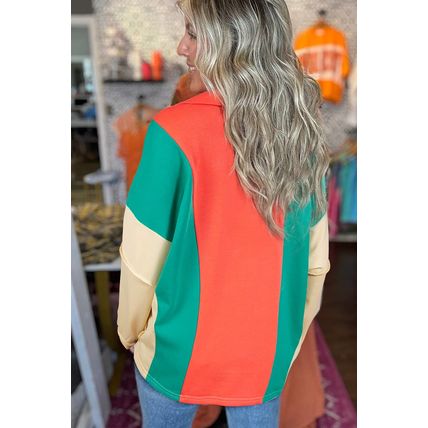 Grapefruit Orange Color Block Patchwork Collared V Neck Loose Top
