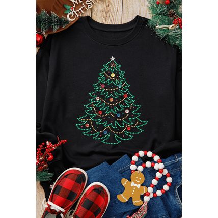 Black Rhinestone Christmas Tree Graphic Pullover Sweatshirt