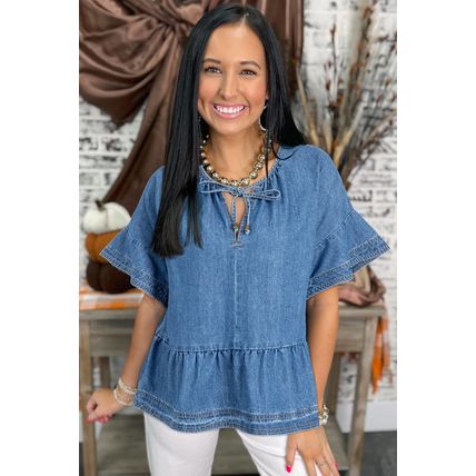 Dusk Blue Denim Ruffled Sleeve Lace up Front Peplum Top