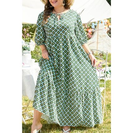 Green Geometric Floral Print Half Sleeve Plus Size Maxi Dress