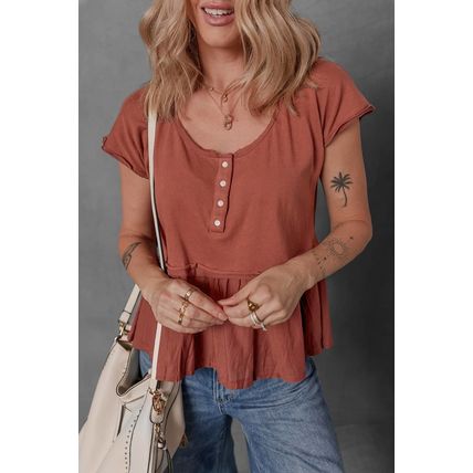 Chestnut Short Sleeve U Neck Buttons Splicing Ruffle Blouse