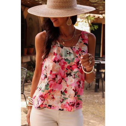 Pink Floral Round Neck Twisted Cut Out Back Tank Top