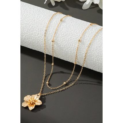 Gold Flower Pendant Beaded Double Chain Plated Necklace