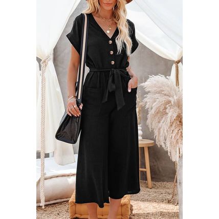 Black Dolman Button Belted V Neck Wide Leg Pocketed Jumpsuit