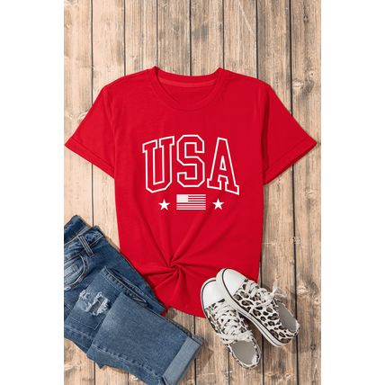 Red USA American Flag Print Crewneck T Shirt
