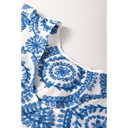 Blue Boho Print Flutter Sleeve Crew Neck Blouse