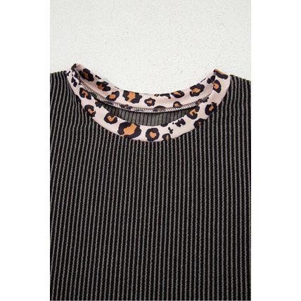 Carbon Grey Leopard Patchwork Edge Twisted Rib T Shirt and Cropped Pants Set