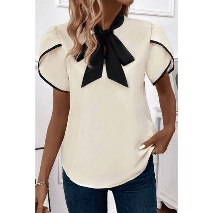 White Bow Knot Neckline Contrast Stripe Short Sleeve Blouse