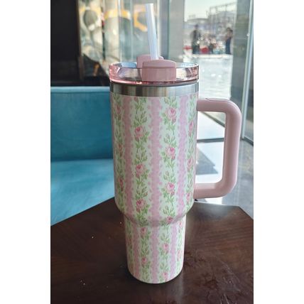 Pink Flower Print Large Insulated Tumbler with Handle 40oz