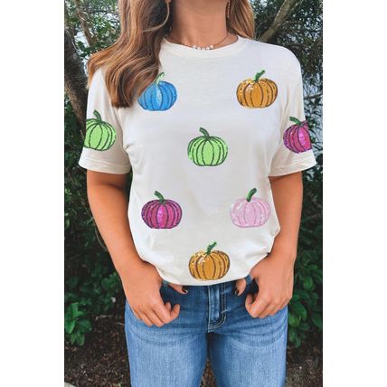 White Sequin Pumpkin Patched Cotton Blend T Shirt