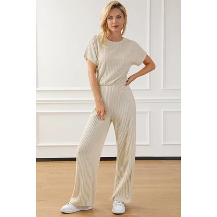 Oatmeal Ribbed Keyhole Short Sleeve Wide Leg Jumpsuit