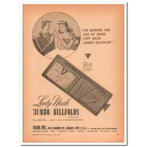 nash inc 1946 wishing jumbo billfold lady wallet leather vintage ad