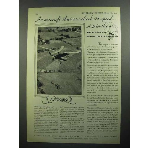 1931 Autogiro Aircraft Ad - Can Check its Speed