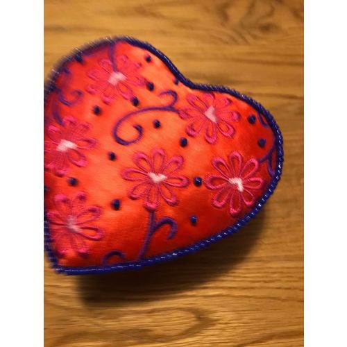 Heart Embroidery and Beaded Trinket Box Covered in Red Satin Fabric