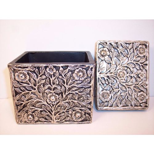 Nicole Miller Bath Bathroom Resin Container with Lid Vintage Silver Floral Look
