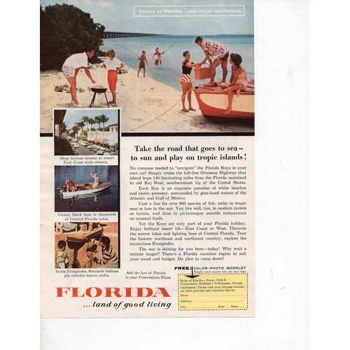 Florida vintage Full Page Print Ad January 1957