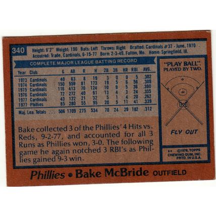 1978 Topps baseball card 340 Bake McBride - Phillies