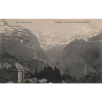 Wengen Grand Hotel National Antique Swiss Aerial Postcard