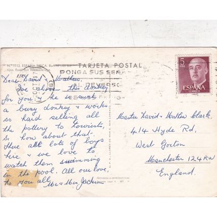 Donkey in Spain Postcard posted 1971 pinhole