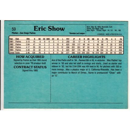 1985 Donruss Action All Star baseball card 59 Eric Show