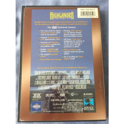 HIGHLANDER - 10th Anniversary Director's Cut (1997 REGION 1 DVD of 1986 film)