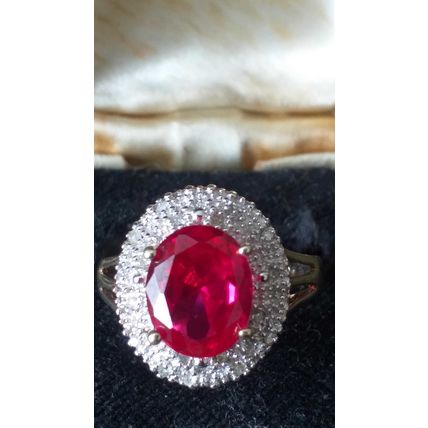 Vintage 1980-s Silver Pink Ruby and Real Diamonds Ring Size UK N, US 6 3/4