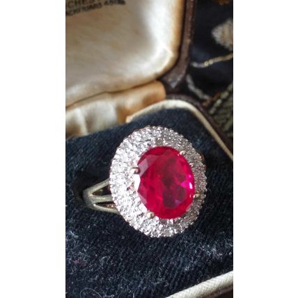 Vintage 1980-s Silver Pink Ruby and Real Diamonds Ring Size UK N, US 6 3/4