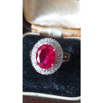 Vintage 1980-s Silver Pink Ruby and Real Diamonds Ring Size UK N, US 6 3/4