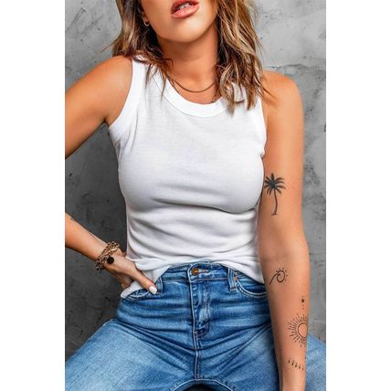 Solid White Round Neck Ribbed Tank Top